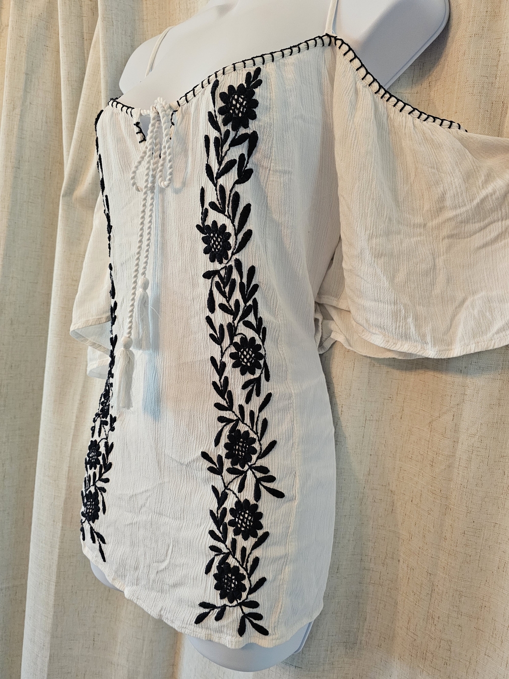Maurices White Off-Shoulder Embroidered Peasant Blouse with Black Floral Trim